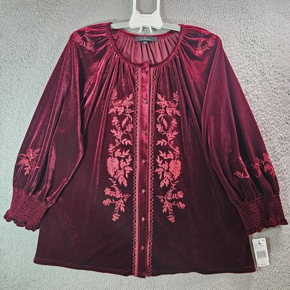 Calessa Tops - $79 NEW Calessa Embroidered Velvet Shirt Top Women 2X Stretch Dark Red NWT‎